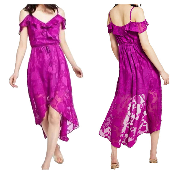 BCX Purple Floral Ruffle Off-the-Shoulder Asymmetrical Hi-Lo Dress Ruffled Sz 6 - Picture 1 of 11